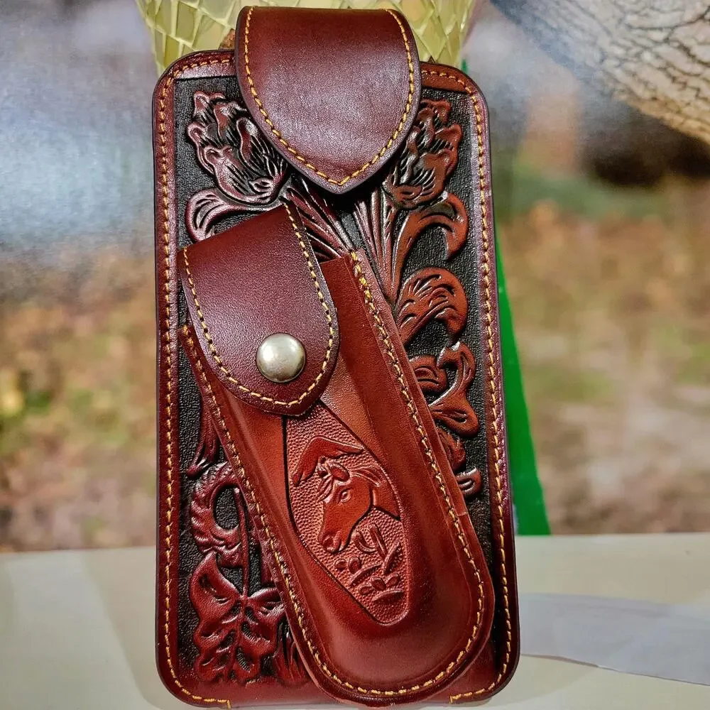 Horse Western Leather Phone Holstor With Knife Sheath & Belt Clip LARGE